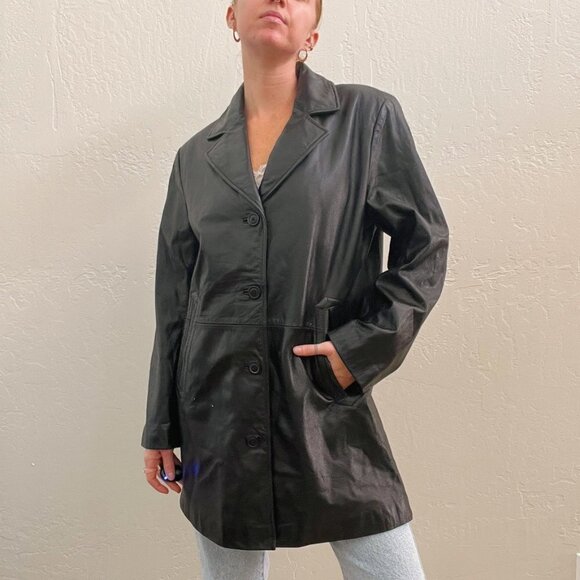 Vintage 90's Black 100% Lambskin Leather Button Up Blazer Trench Jacket - Picture 5 of 8